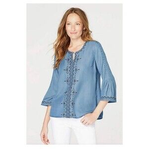 J.Jill Denim Embroidered Tencel Pleated Bell Sleeve Petite XS Peasant Top